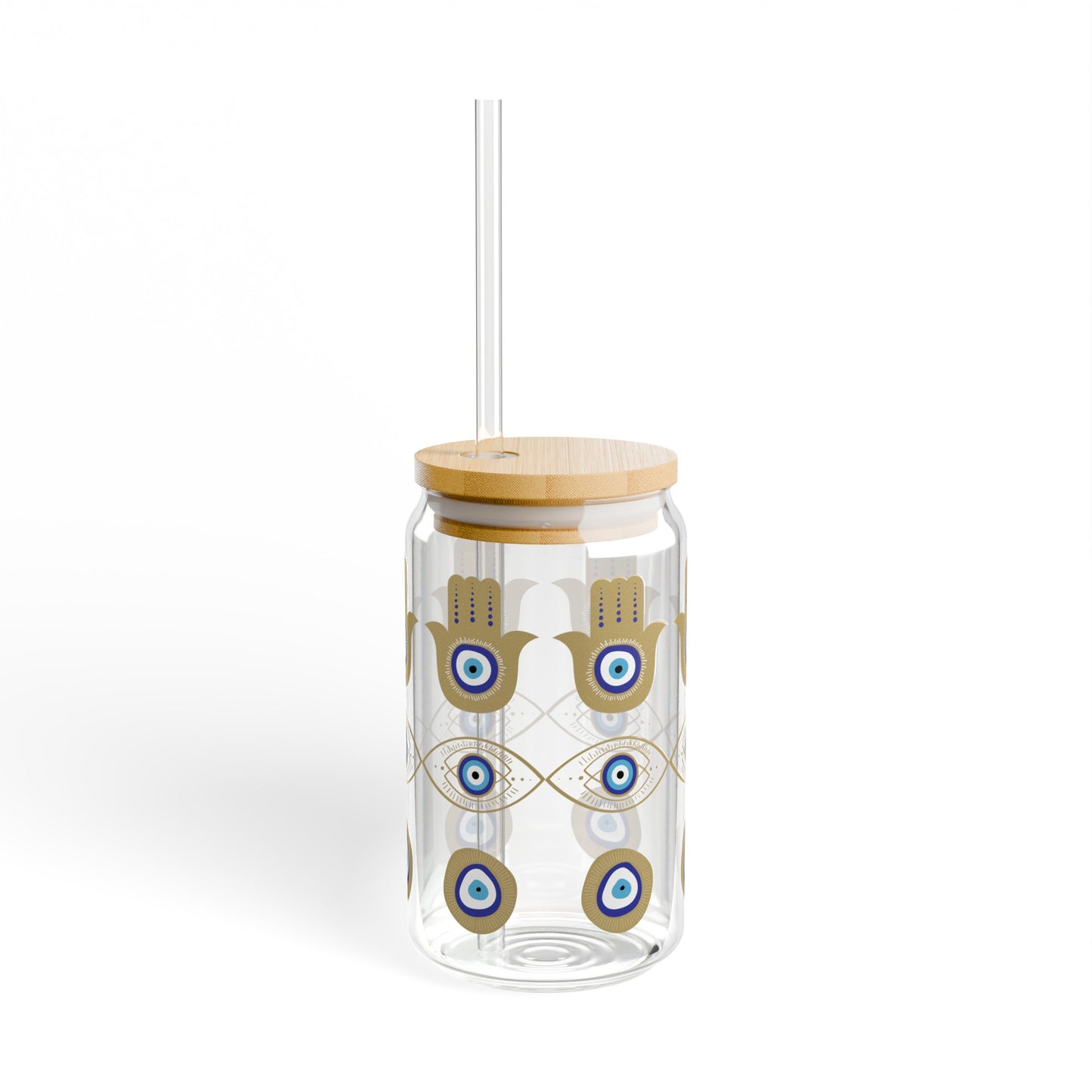 Evil Eye Glass Tumbler with Bamboo Lid and Straw