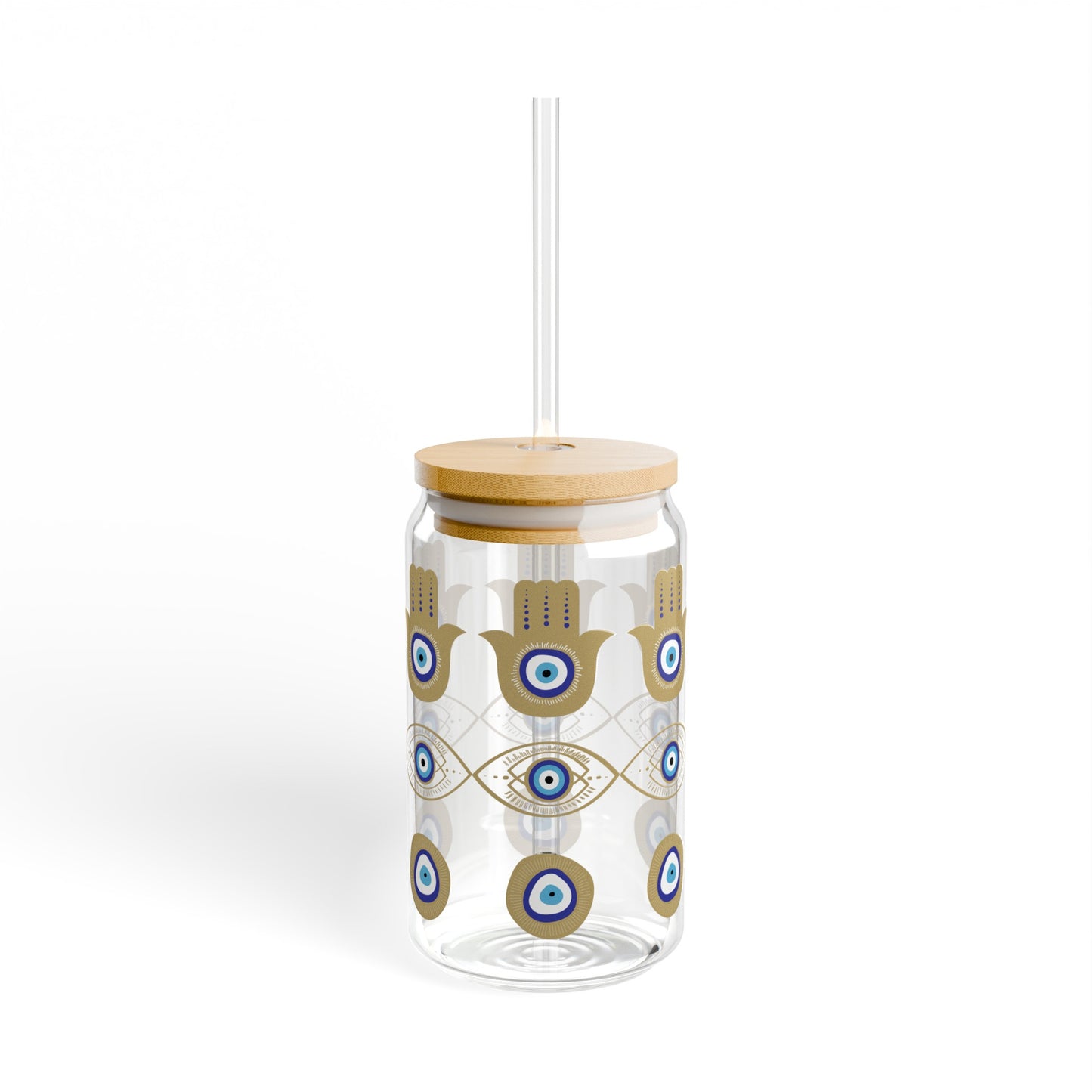 Evil Eye Glass Tumbler with Bamboo Lid and Straw