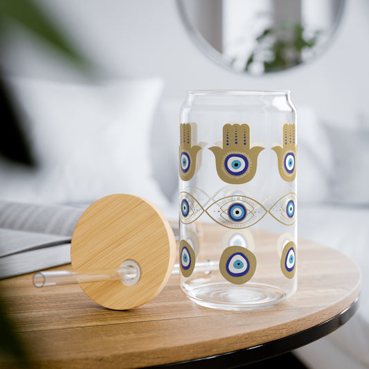 Evil Eye Glass Tumbler with Bamboo Lid and Straw